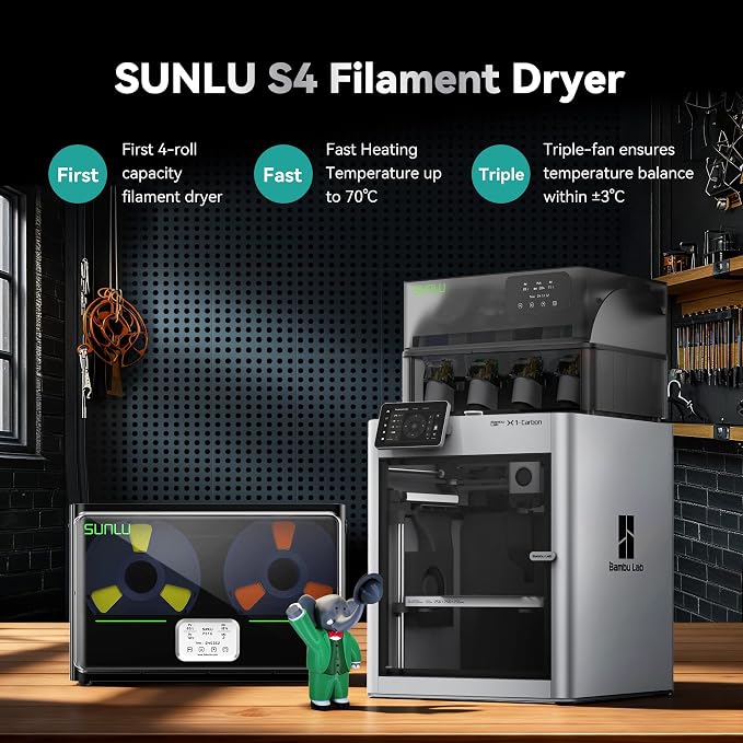 SUNLU Official Filament Dryer S4, for Nylon TPU PLA PETG ABS, (Black) | 4 Spools Capacity, Efficient Heating to 70℃, 350W PTC Heater 3D Filament Dehydrator, Compatible with 1.75/2.85/3.0mm