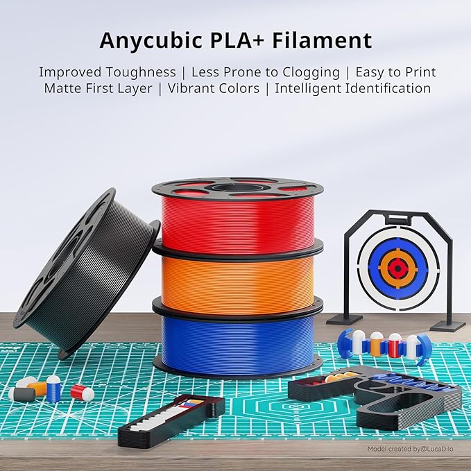 ANYCUBIC PLA Plus (PLA+), 3D Printer Filament 1.75mm Bundle, High Toughness, Dimensional Accuracy +/- 0.02mm, 4 Pack 1KG Reusable Spool, Black, Red, Green, Blue