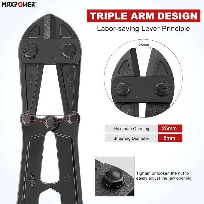 MAXPOWER 24-inch Bolt Cutter, Foldable Bolt Cutters with Soft Grip Ergonomic Non-Slip Handle, Heavy Duty Bolt Chain Padlock Wire Cutting Tool