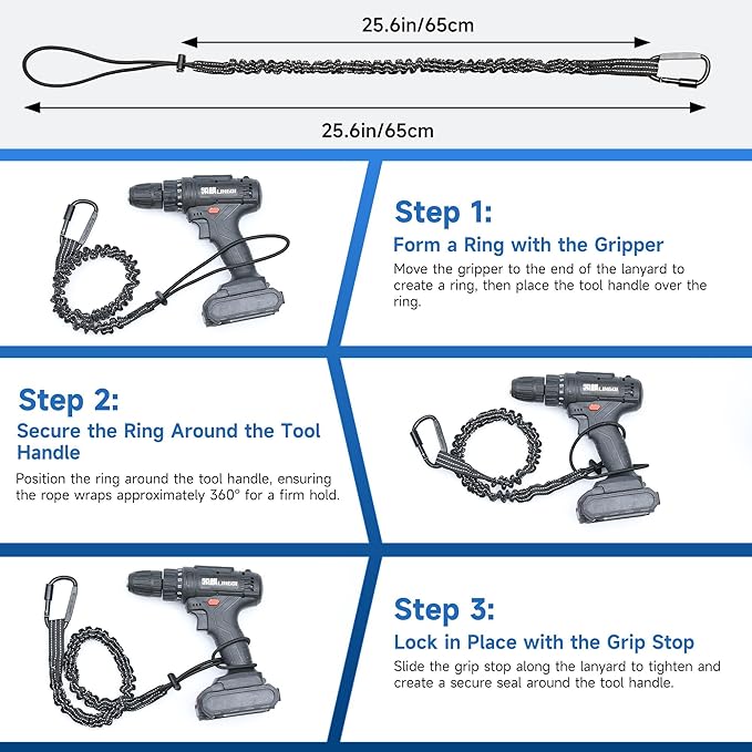 Safety Tether Tool Lanyard for Fall Protection - 5 Pack Stretch Strap Safety Tools Leash with Aluminum Screw Lock Buckle Shock Cord Stopper & Retractable Loop