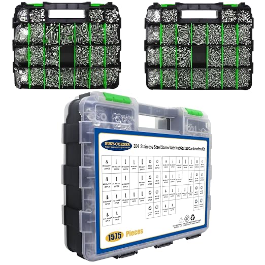1575 PCS Nuts and Bolts Assortment Kit, Stainless Steel Phillips Pan Head & Flat Head Screws, Assorted Nuts Bolts Washers with Green Double Sided Organizer Box