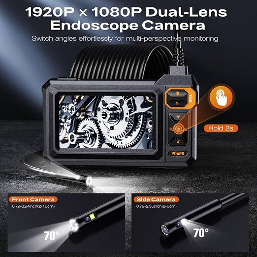Borescope Dual Lens Endoscope Camera with Light, 4.3" IPS 1920P HD Inspection Camera, 7.9mm IP67 Waterproof with 8+1 Adjustable LEDs, 16.5FT Semi-Rigid Snake Cable for Mechanic, Cool Gadgets for Men