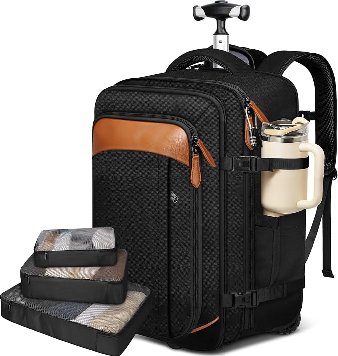 Vancropak Travel Backpack with Wheels, Rolling Backpack Fits 17.3" Laptop | Flight Approved Wheeled Luggage, Expandable Business Travel Suitcase, Womens Work Backpack, 3 Packing Cubes, Water Resistant