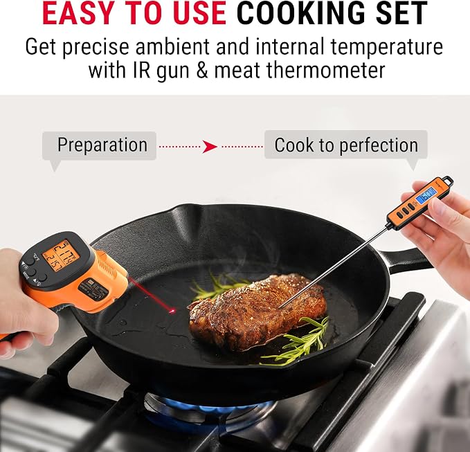 TempPro Temperature Gun, Infrared Thermometer Gun with Laser, Laser Thermometer Gun -58-1022 ℉, Meat Thermometer Digital with Super Long Probe, Food Thermometer for Cooking, Gift for Dad Him Husband