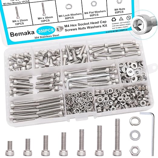 350PCS M4 Screw Kit, M4 x 6/8/12/16/20/25/30mm Hex Socket Head Cap Screws Bolts Nuts Washers Assortment Kit, 304 Stainless Steel Metric Bolts with Hex Wrench