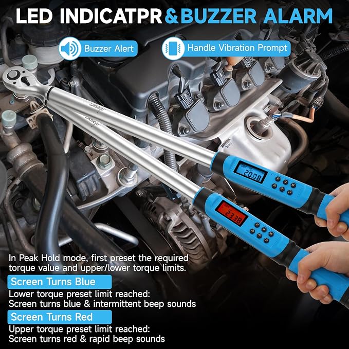 DISEN 1/2 inch Digital Torque Wrench (17-340 N.m / 12.5-250.8 Ft.lb), ±2% Accuracy, 4 Modes with Adjustable Limits, Blue/Red Alarm & Buzzer, 5 Units, for Automotive Motorcycle Bicycle Repair
