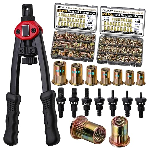 Pressure Rivet Nut Tool Kit, 750PCS Metric Rivet Nut Combination (M6/M5/M4/M3), Suitable for Furniture, Decoration, Automotive, Marine and Industrial Applications