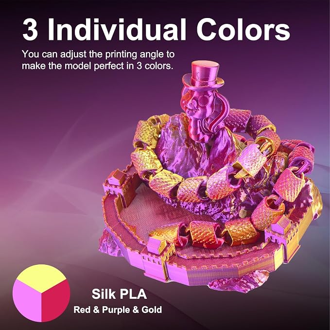 ERYONE Silk Tri Color PLA Filament 3D Printer 1.75mm +/- 0.03mm, Multicolor Filament Tricolor PLA 1KG(2.2lbs) Cardboard Spool, Red Gold Purple