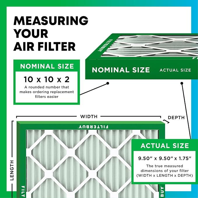Filterbuy 10x10x2 Air Filter MERV 8 Essential Dust & Allergy Defense (6-Pack), Electrostatic Pleated HVAC AC Furnace Filters Replacement, Made in USA (Actual Size: 9.50 x 9.50 x 1.75)