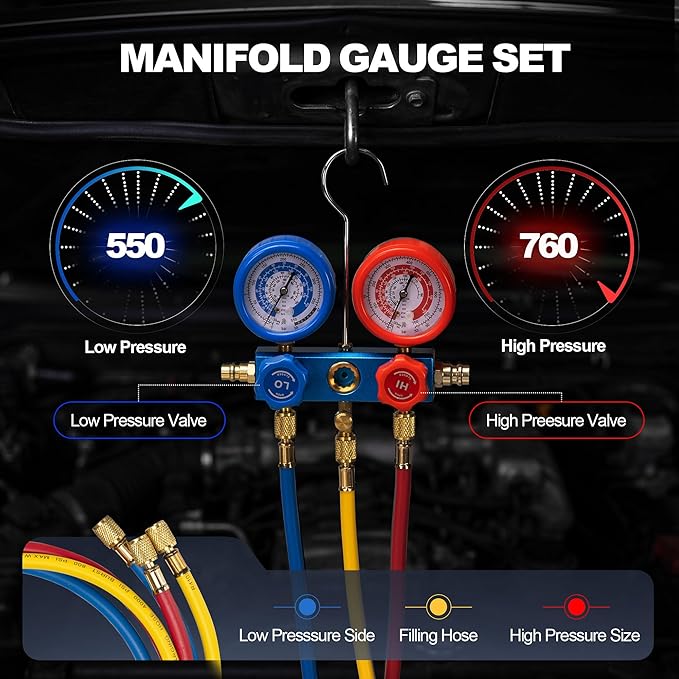 4CFM 1/3 HP Single Stage Rotary Vane AC Air Conditioning Vacuum Pump Kit with Manifold Gauge Set Hoses and Leak Dectactor for HVAC Automotive and Household Refrigeration Systems