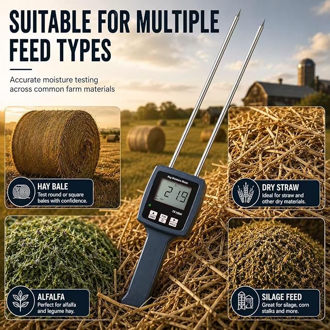 Pokiphip TK100H Portable Hay Moisture Meter - Precise Hay Moisture Tester with Probe for Monitoring and Ensuring Optimal Hay Quality, Preventing Mold and Spoilage