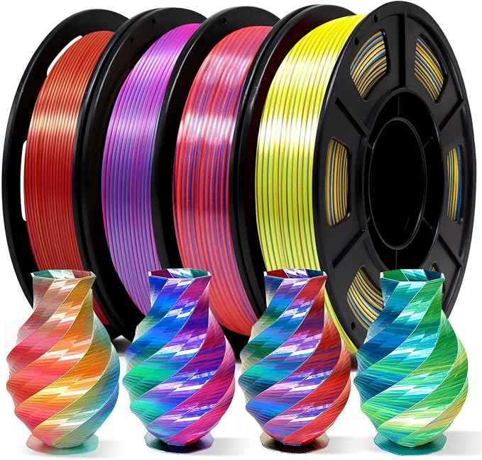 YOUSU 3D Printer Filament Tri Color Silk PLA Filament 1.75mm, 3D Printing Filament Bundle,Multicolor Filament Like Rainbow PLA, 250g X 4 Pack.