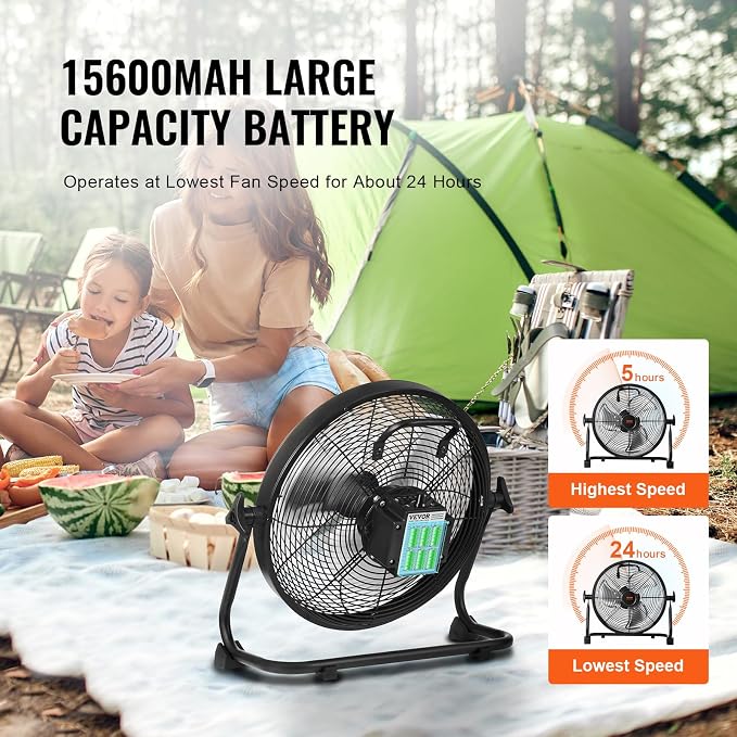 VEVOR 12'' Rechargeable Floor Fan, Portable Quiet Personal Fan for Home or Office, 360 Degree Manual Pivoting Head, Stepless Speed Regulation High Velocity, Heavy Duty Metal Industrial Cordless Fans