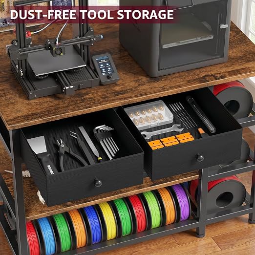 3D Printer Stand with Storage,3-Tier Heavy Duty 3 D Printer Table Shelf with 2 Fabric Drawers, 3 D Printing Desk for Tools and Supplies (Brown)