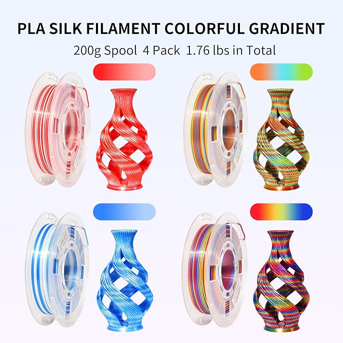 RAMBERY 3D Printer Filament Bundle Silk Rainbow PLA Filament, Multicolor Fast Color Change Toughness Upgraded 3D Printing Filament, 1.75mm 200gX4 Spools