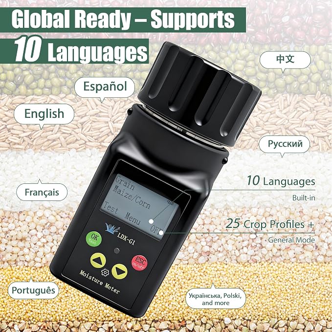 Grain Moisture Tester Agriculture Portable Meter – ±0.5% Accuracy with ATC, Backlit Display & Data Storage, 25 Grains: Corn, Soybean & Paddy Rice, Farmers, Processors & Traders, 10-Language Support