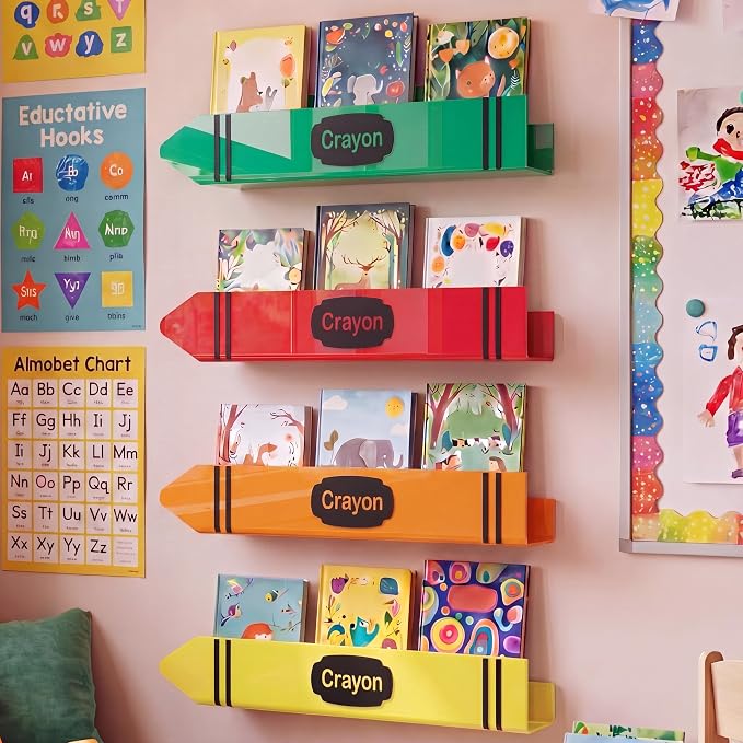 Sabary 4 Set 17 Inches Crayon Acrylic Magnetic Book Shelf for Whiteboard Crayon Classroom Decor Bearing Magnetic Books Display Holder for Teacher Classroom School Office