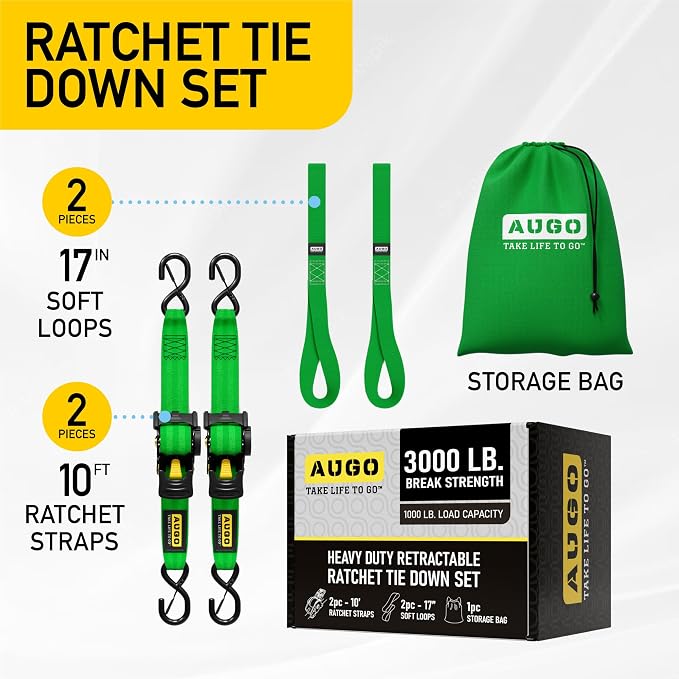 AUGO Retractable Ratchet Straps | 2 Heavy Duty Ratchet Straps Self Retractable Tie Downs with Soft Loops & Storage Bag for Motorcycle, Truck, Trailer, Cargo Van | 3000 Lb Break Strength 2” x 10’