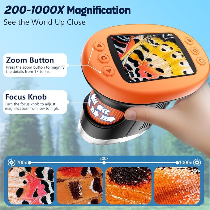 Odatay 4K 1000X Digital Microscope for Kids with Long Distance Viewing & 2.4" Screen, Portable Handheld Edu Toys for Kids Age 3-12 Exploring Bugs Plants at Home Classroom & Outdoor Travel, Orange