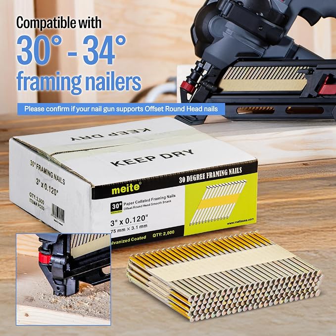 meite 30 Degree Framing Nails 3 Inch x .120 Inch Paper Collated Nails for 30-34 Degree Framing Nailer Gun, Electro-Galvanized Offset Round Head Framing Nails for Wall Studs Sheathing Decking 2,000PCS