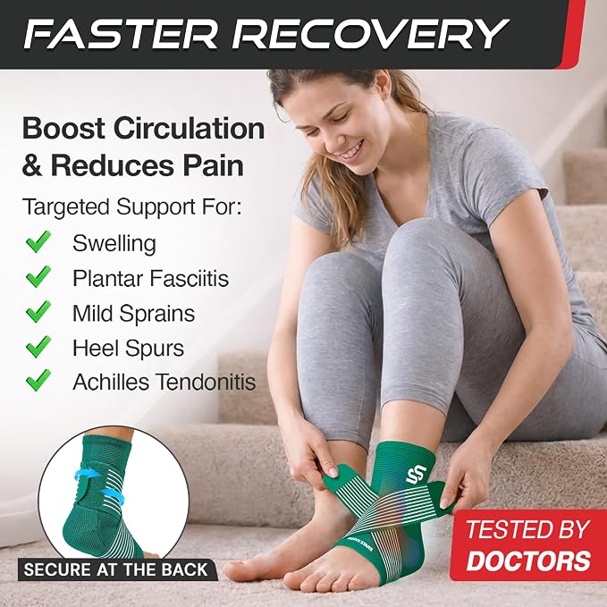 Sleeve Stars Ankle Brace for Women & Men, Ankle Wrap for Sprain, Compression Sleeve for Plantar Fasciitis Relief, Easy Customizable Support: w/ Removable Strap (Single/M:10"-12"/Turquoise)