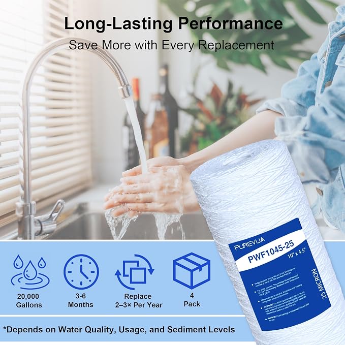 25 Micron 10"x4.5" String Wound Sediment Filter, Whole House Water Filter Cartridge for Well Water, Compatible with WP5BB97P, RS22, SWC-45-1005, Fits Standard 10" Big Housings, 4 Pack