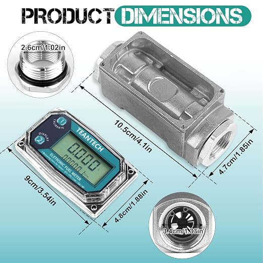1Pack 1 in Digital Turbine Fuel Flow Meter with 3/4 in Adapters, High Accuracy Diesel Flow Meter with NPT Counter, Digital LCD with 5 Units, Auto Shut Off, for Gasoline/Kerosene/Water