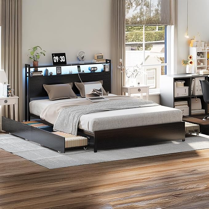 VINGLI Metal Bed Frame King with 4 Drawers and Storage Headboard, Platform with Charging Station and LED Lights, No Box Spring Needed, Noise Free, Easy Assembly, Black
