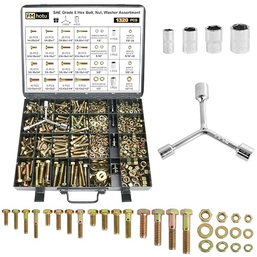 FMhotu 1320Pcs Nuts and Bolts Assortment Kit, 16 Sizes Includes 1/4-20 5/16-18 3/8-16 1/2-13, SAE Grade 8 Alloy Steel Hex Cap Screws Nuts Washers with Wrenches Assortment Kit THLSTZ1320pcs