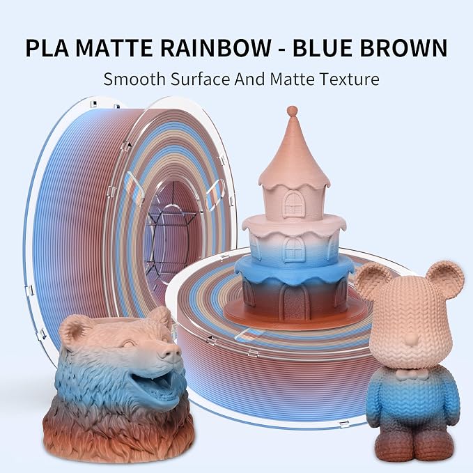 RAMBERY Matte Rainbow 3D Printing Filament Fast Color Change, Multi-Color PLA Filament for Most FDM 3D Printer, 1.75mm 1kg(2.2lbs), Matte Rainbow Blue-Brown