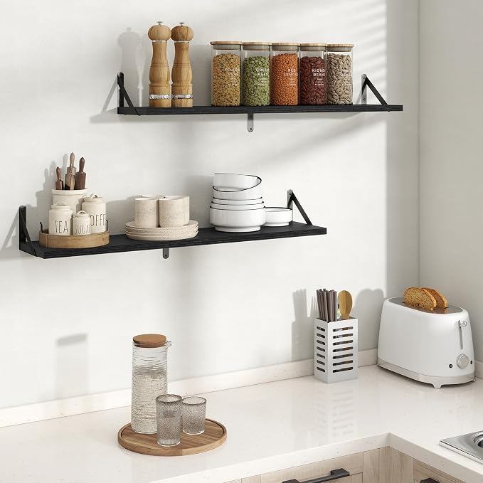 Floating Shelves 8 Inch Deep, 36W x 8D Wall Shelf Set of 2, 60 lbs Heavy Duty Reversible Metal Brackets, Industrial Book Shelf for Living Room Kitchen Bathroom Bedroom Gallery Wall, Black