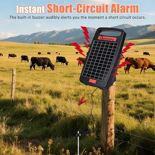 5 Miles Solar Electric Fence Charger with Short Circuit Alarm,0.11J Solar Powered Fence Charger 24-Hour Protection,with Solar Panel,14-Day Continuous Powered Protection for Livestock Protection