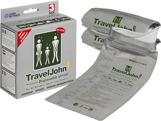 TravelJohn Resealable Disposable Urinal Bags – Road Trip Essentials for Men, Women & Kids – Odorless Leakproof Portable Urine Bags – Travel Urinal for Camping & Emergencies (TJ1N-C)