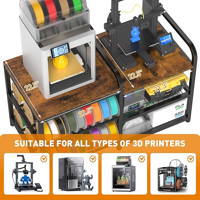 ikkle 3D Printer Table with Filament Storage Rack, Heavy Duty 3D Printer Stand with Power Outlet, 4-Tier 3D Print Desk & Filament Organized for Home Offices, Workshop, Studio (Brown)