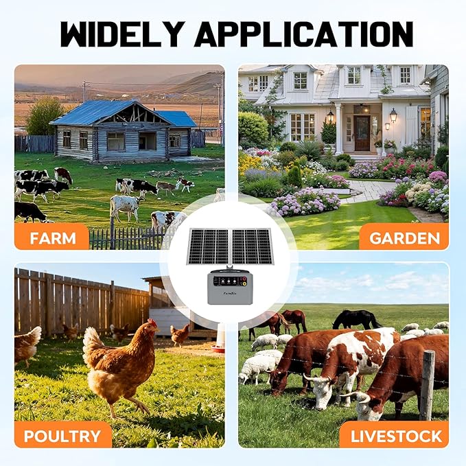 6-12KV Adjustable Output Solar Charger,30 Miles Solar Electric Fence Charger,1.5J Solar Fence Charger,15W Solar Powered Electric Fence Kit for Livestock,24H Uninterrupted Protection