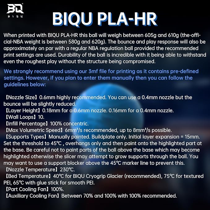 BIQU PLA-HR Flexible 3D Printer Filament Specifically for Printing Airless Basketballs, 1.75mm 1KG Spool (2.2lbs), Flexi Tough Filament Compatible with Most FDM 3D Printer (Blue)