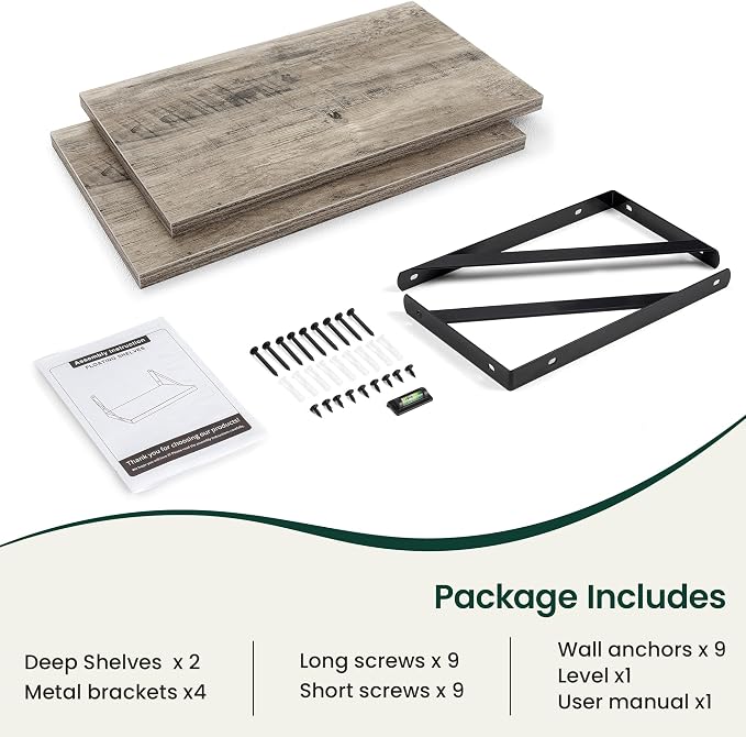 Floating Shelves 12 Inch Deep, 24W x 12D Wall Shelf Set of 2, 50 lbs Heavy Duty Reversible Metal Brackets, Deep Industrial Book Shelf for Living Room Kitchen Bath Bedroom Coffee Bar, Grey