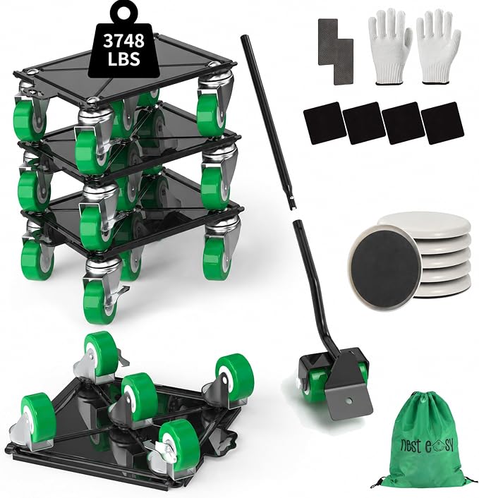 NEST EASY Upgraded Heavy Duty Furniture Dolly 360° Rotating 5 Wheels, Alloy Steel Furniture Movers Up to 3748 lbs/1700 Kg Load Capacity with Sliders (8.6x7.8 in)
