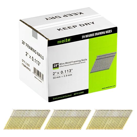 meite 28 Degree Framing Nails 2 Inch Galvanized Wire Weld Collated Nails for Framing Nailer Gun, Offset Round Head Smooth Shank for Structural Wall Sheathing Decking 2,000 PCS | Offset Full Round Head Diamond Point, Rust-proof, Fits Pneumatic Cordless ...