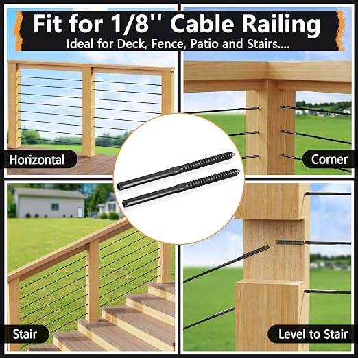 Steel DN Mate 200 Pack Black T316 Stainless Steel Left&Right Handed Thread Swage Lag Screws for Wood Post of 1/8" Black Cable Railing Kit, Deck Stair Railing, DIY Baluster kit, Wrench Included DM45