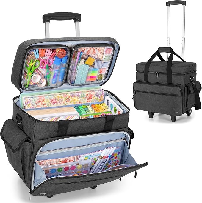 Teamoy Rolling Scrapbook Tote with Detachable Wheels, Rolling Craft Bag with Bottom Wooden Pad, Scrapbook Storage Bag for Women, Black
