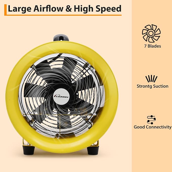 8 Inch Utility Blower Fan | 3300 RPM High Speed, Heavy Duty, IP44 Waterproof Extractor, 33 ft PVC Duct Hose, Industrial Portable Exhaust Ventilation