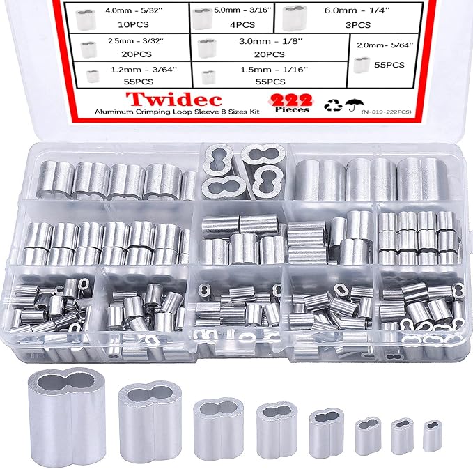 Twidec/222PCS 8 Sizes Aluminum Crimping Loop Sleeve M1.2-M6(3/64''-1/4'') And Wire Rope Crimping Tool Kit Up To 2.2mm Swaging Tool With 165FT 1/16'' 304 stainless steel Wire Rope