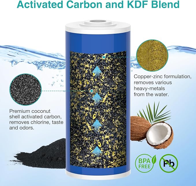 SimPure Whole House Water Filter Cartridges 10" x 4.5" GAC/KDF Carbon and Heavy Metal Filter, for DB10C-2KDF, DB10P, WGB21B-KS, FG15B-KS, GE FXHTC, GXWH40L, 4 Pack