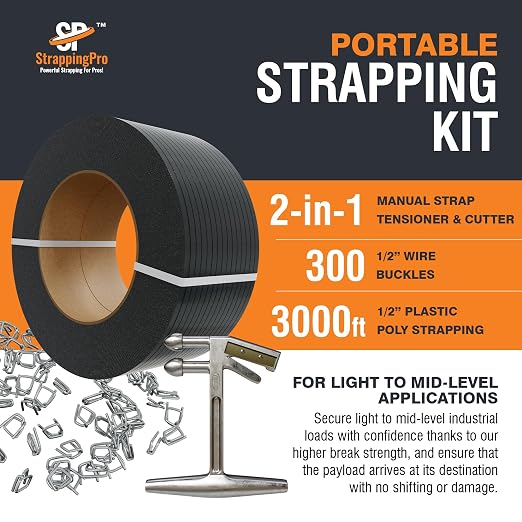 Portable Strapping Kit with 3000 Feet of 1/2" Plastic Poly Strapping, 300 Steel Banding 1/2" Clip Seals, Hand Tensioner & Strap Cutting Tool - Lightweight Shipping Banding Strapping Kit