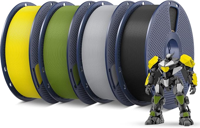 SUNLU PETG Filament 1.75mm 4KG Bundle, Less Stringing and Good Layer Adhesion, Individually Vacuum Packed, 3D Printer Filament 4kg, 1kg per Spool, Pack of 4,Black+Olive Green+Silver+Yellow