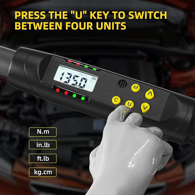 1/2 Inch Drive Digital Torque Wrench, 12.5-250.8 Ft.lb/17-340 Nm Electronic Torque Wrench, ±2% Accuracy with Preset Value, Data Storage, Buzzer and LED Flash Notification for Motorcycle, Car