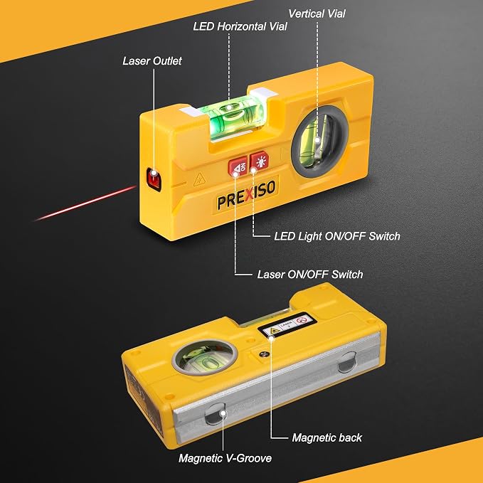PREXISO 2-in-1 Line Laser Level - Mini Torpedo Level with Light, 3-3/4 inch 90°/180° Magnetic Pocket Level & 30Ft Laser Line Leveler Tool for Hanging Picture, Wall Marking Painting, Home Renovation