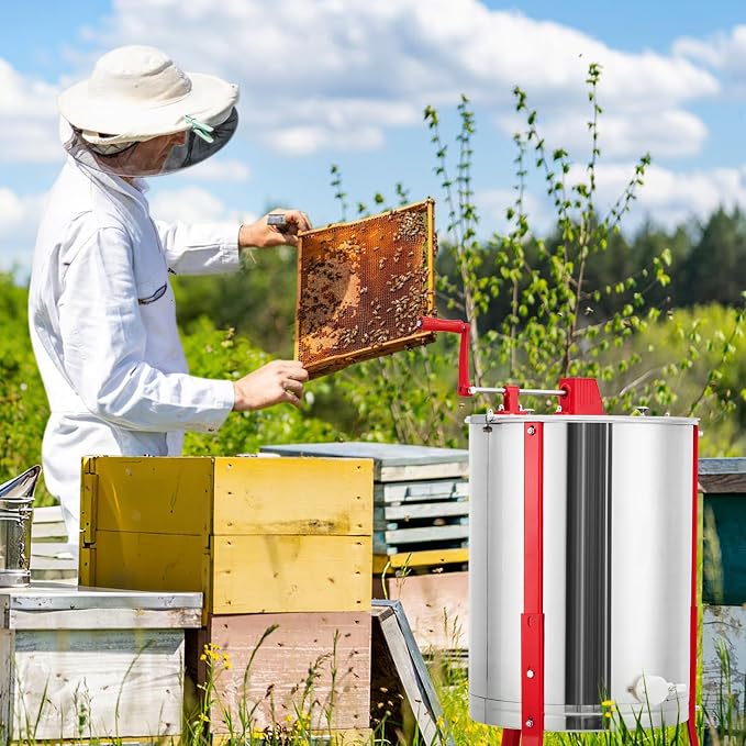 Large 2/4 Frame Honey Extractor, Manual Stainless Steel Beekeeping Equipment, Honeycomb Drum Spinner with Transparent Lid & Adjustable Stand for Apiary Home Kitchen