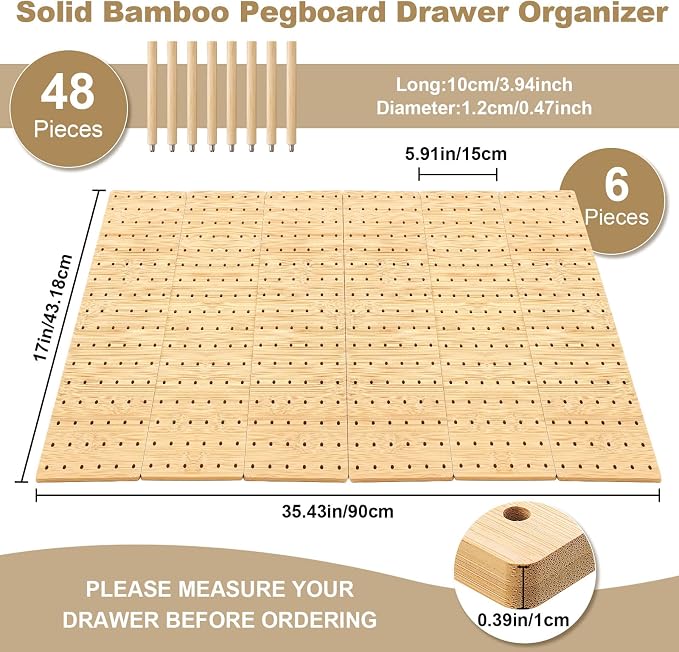 Kigley 6 Pcs Wood Pegboard Drawer Organizer with 48 Pegs Wooden Peg Board System Peg Drawer Organizers for Kitchen Dishes Plate Pegboard Food Containers(Wood Color,17x5.91,Bamboo)